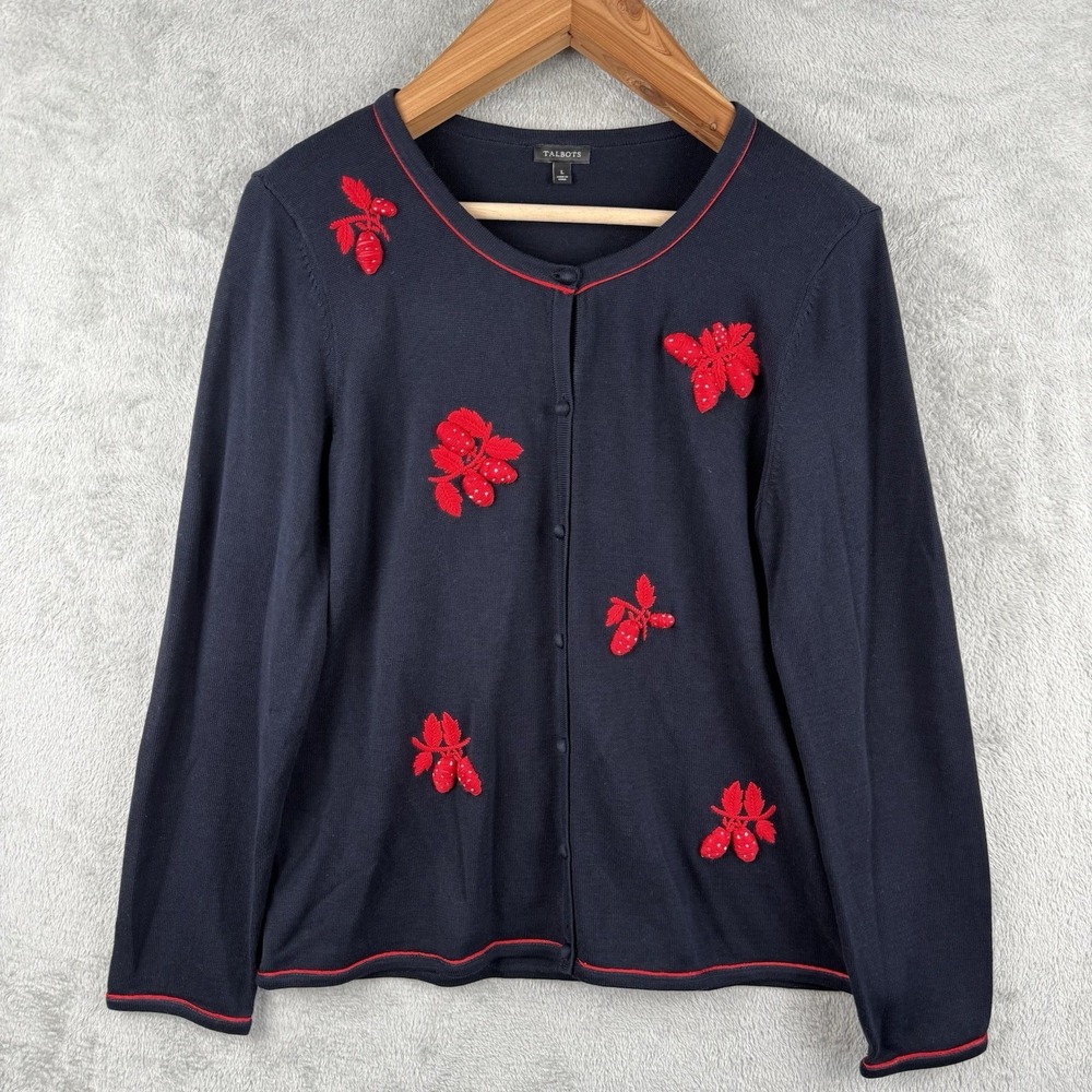 Talbots‎ Embroidered Strawberry Cardigan Sweater Womens L Navy Cotton Novelty